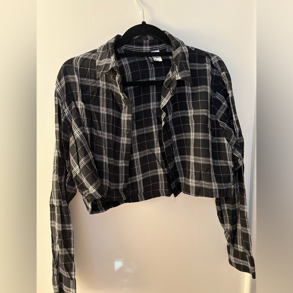 H&M Black & White Cropped Plaid Shirt